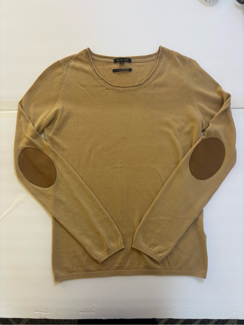 Massimo Dutti Extra Fine Cotton Sweater S Camel Tan Crewneck Elbow Patches - Picture 4 of 7